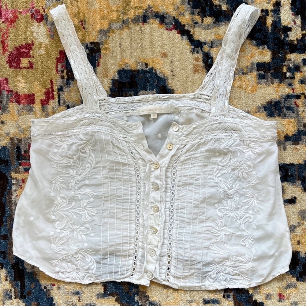 LoveShackFancy Ivory Lace-Trim Button Front Top